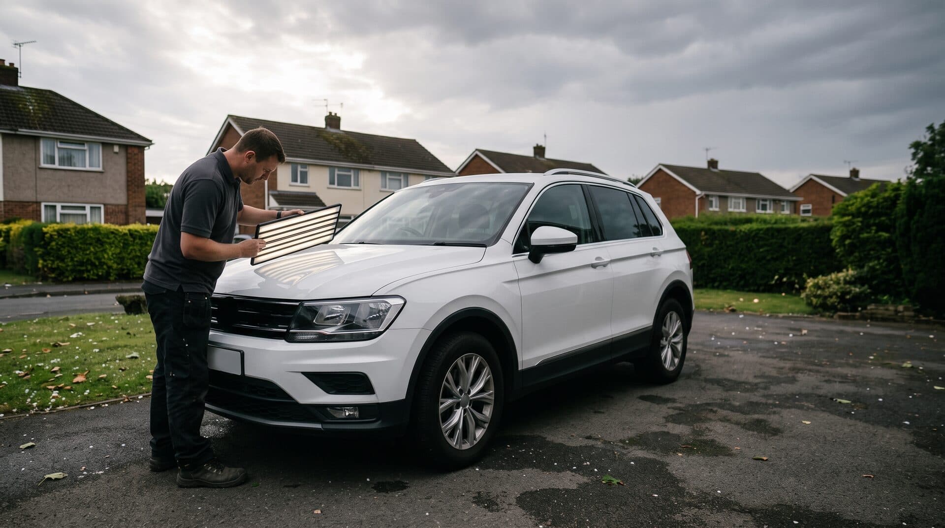 A technician inspecting hail damage on a vehicle's hood with a paintless dent repair light board