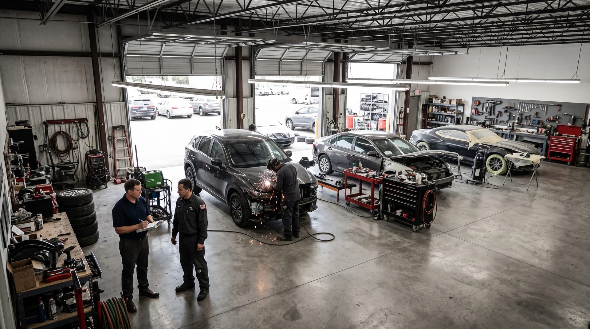 Body shop owner and technician reviewing work in progress inside a busy collision repair facility
